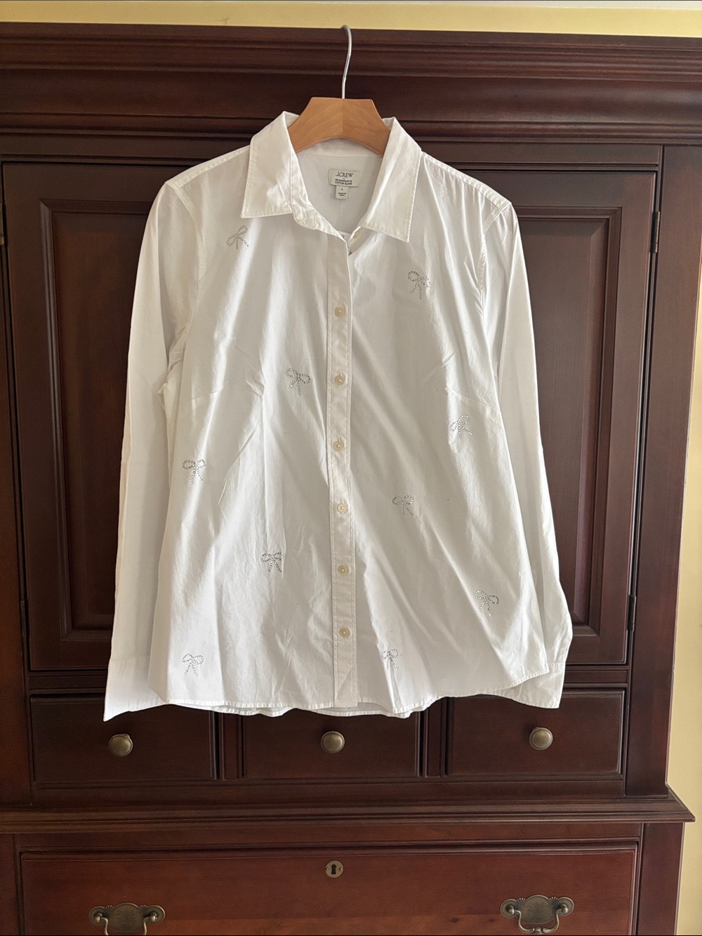 J. Crew White Cotton Button-Down Shirt with Subtle Bow rhinestones